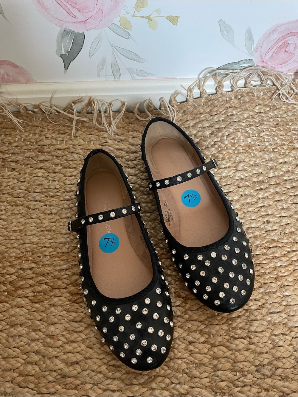 House of Harlow 1960 Flashy Rhinestone Mary Jane Flats 7.5 Black